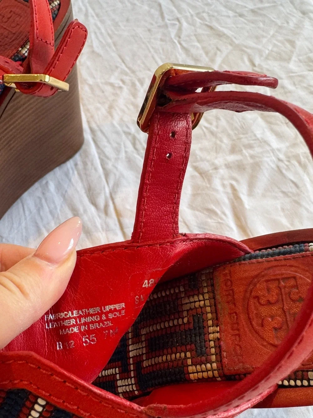 Tory Burch Red High Wedge Beaded Sandals with Gold Buckles